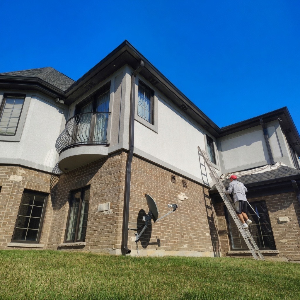 General Pro Painting & Drywall crew painting a two-story home exterior and balcony in Plainfield, IL