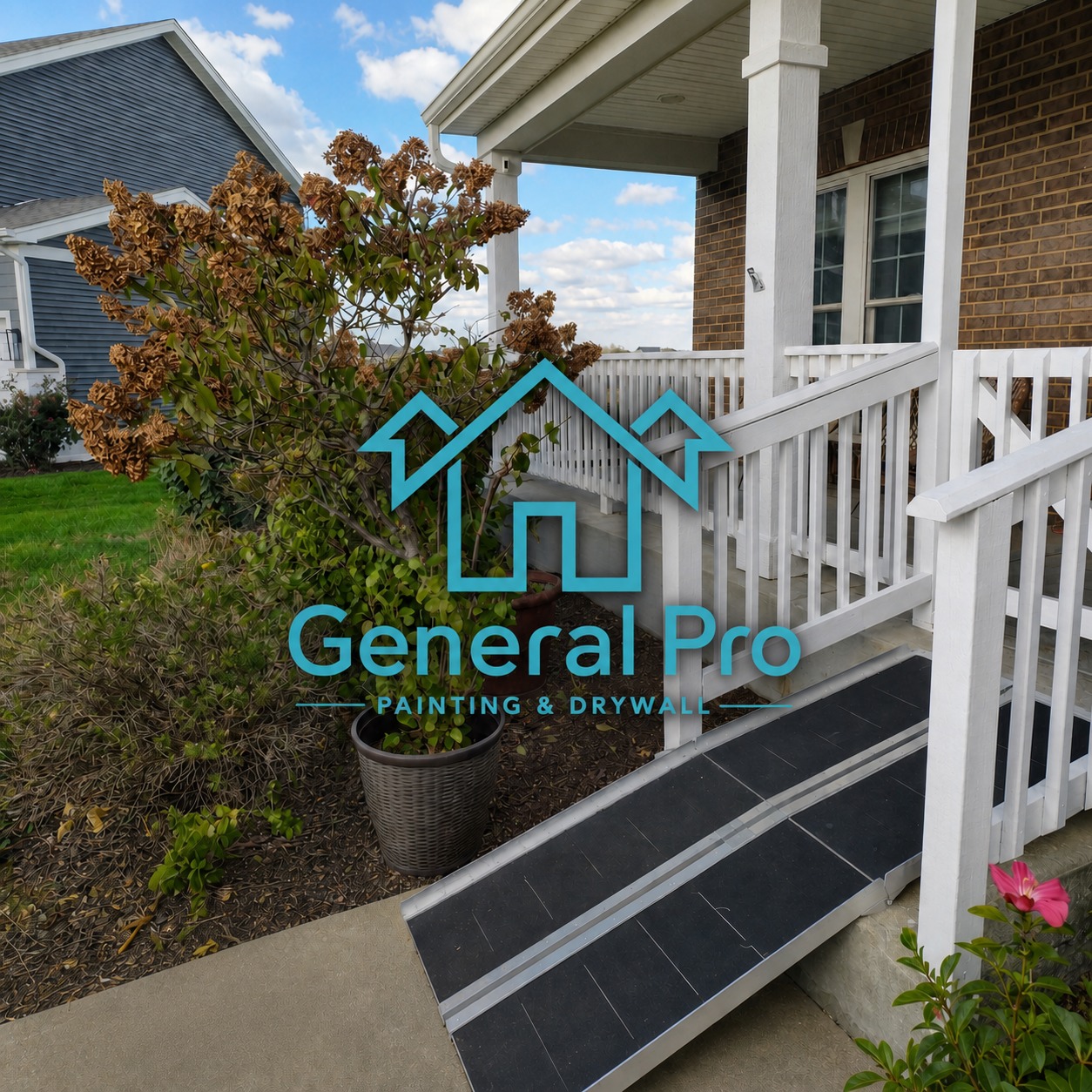 General Pro Painting & Drywall yard sign at a residential porch project in Plainfield, IL