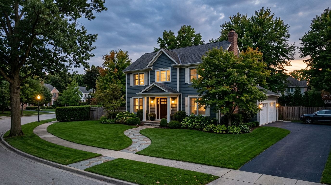 Well-kept suburban home at dusk in the Plainfield, IL area