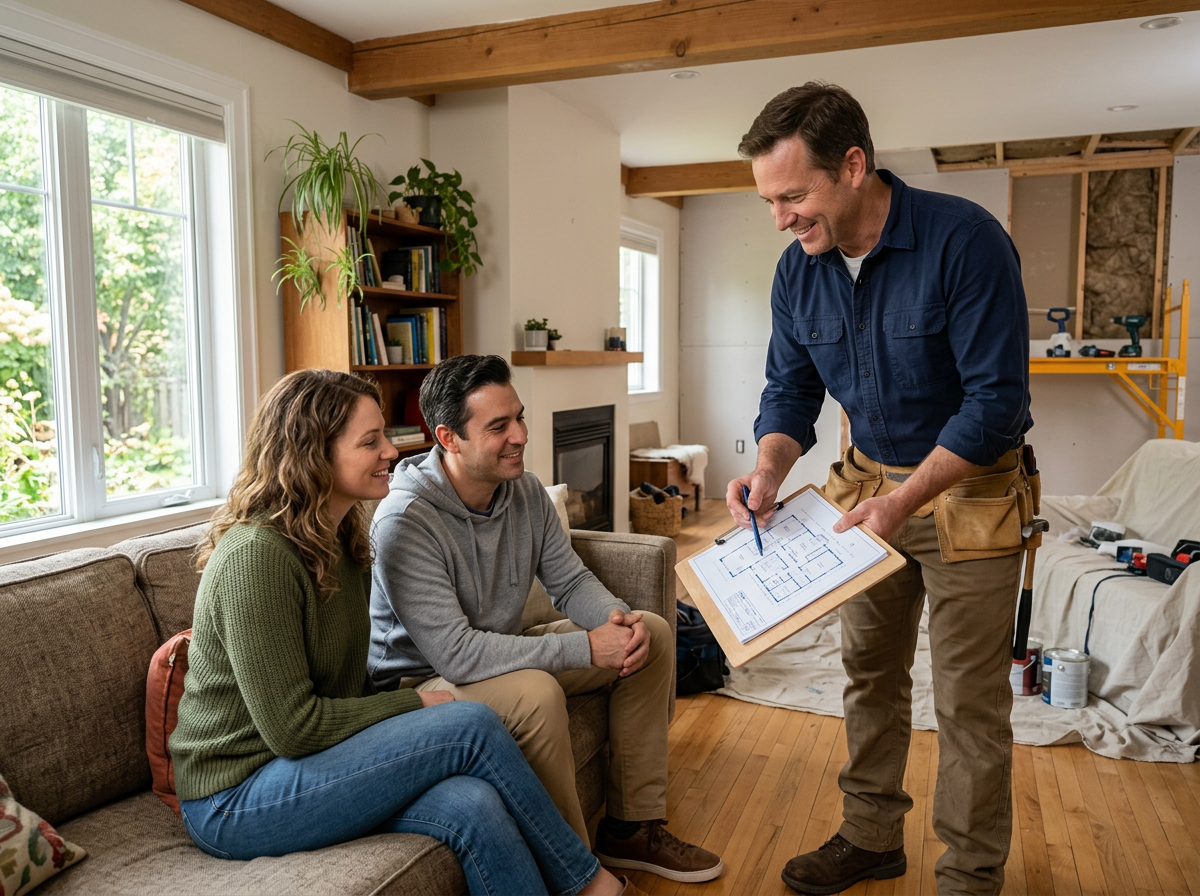 Remodeling contractor reviewing plans with homeowners in their living room