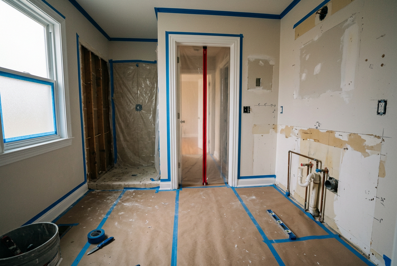 Bathroom cleared and masked off with floor protection before a remodel