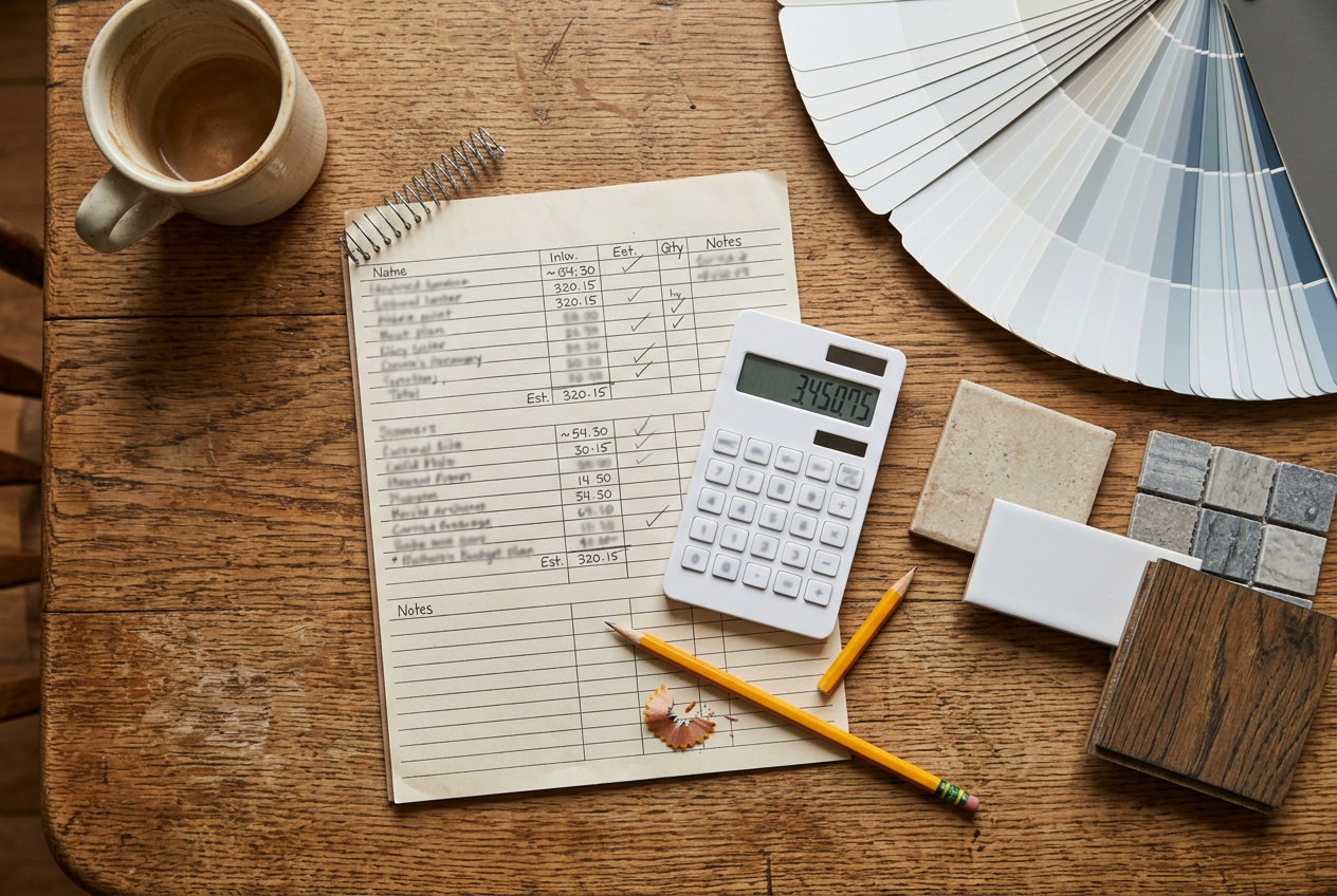 Remodel budget worksheet, calculator and material swatches on a kitchen table