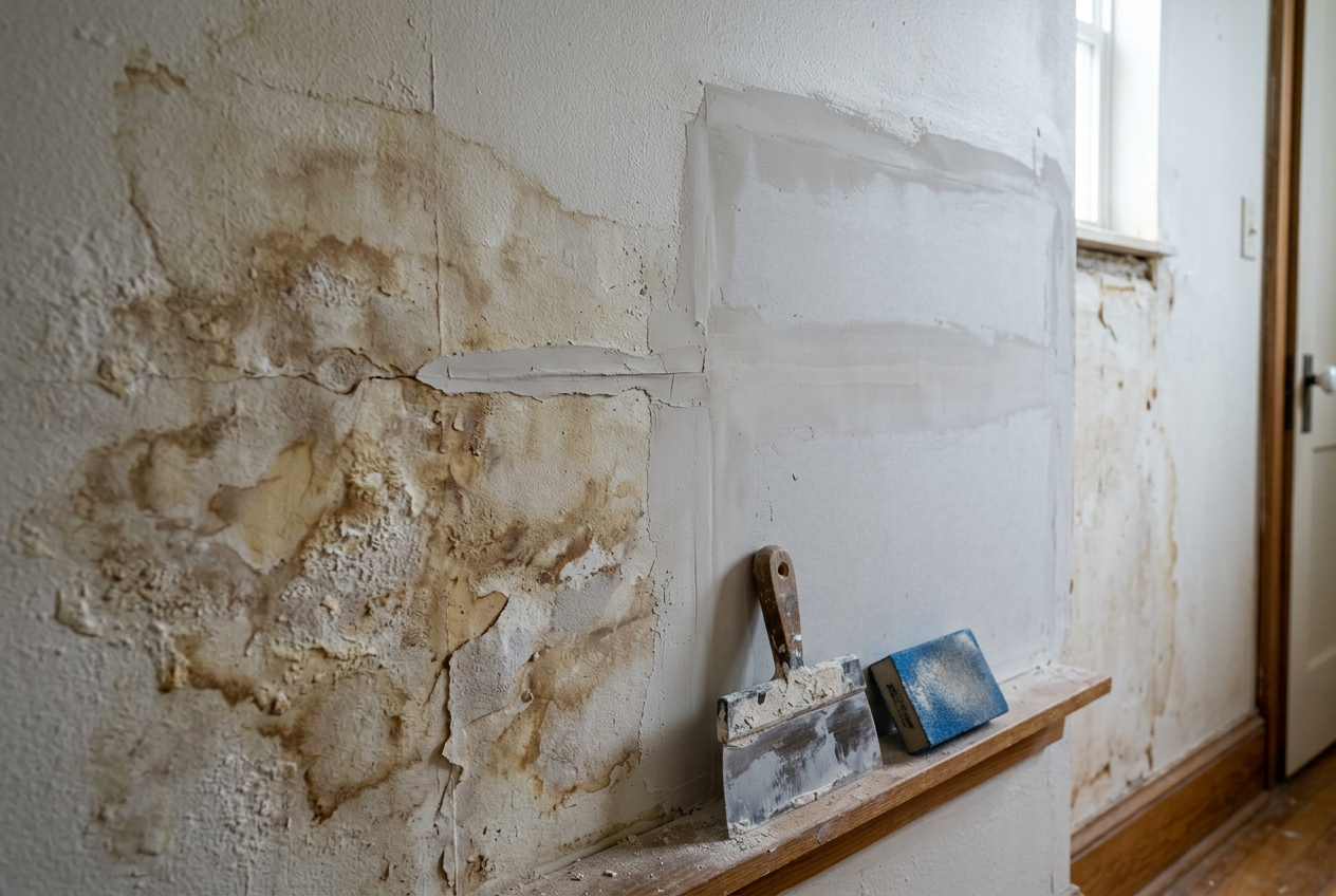 Water-damaged drywall beside a freshly patched and sanded repair