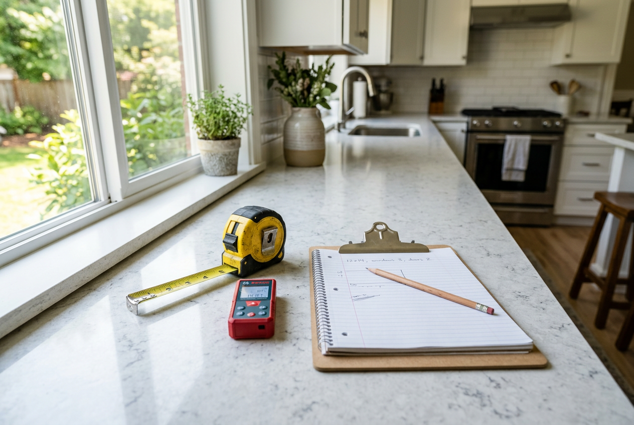 Tape measure, clipboard and laser measure ready for an in-home estimate