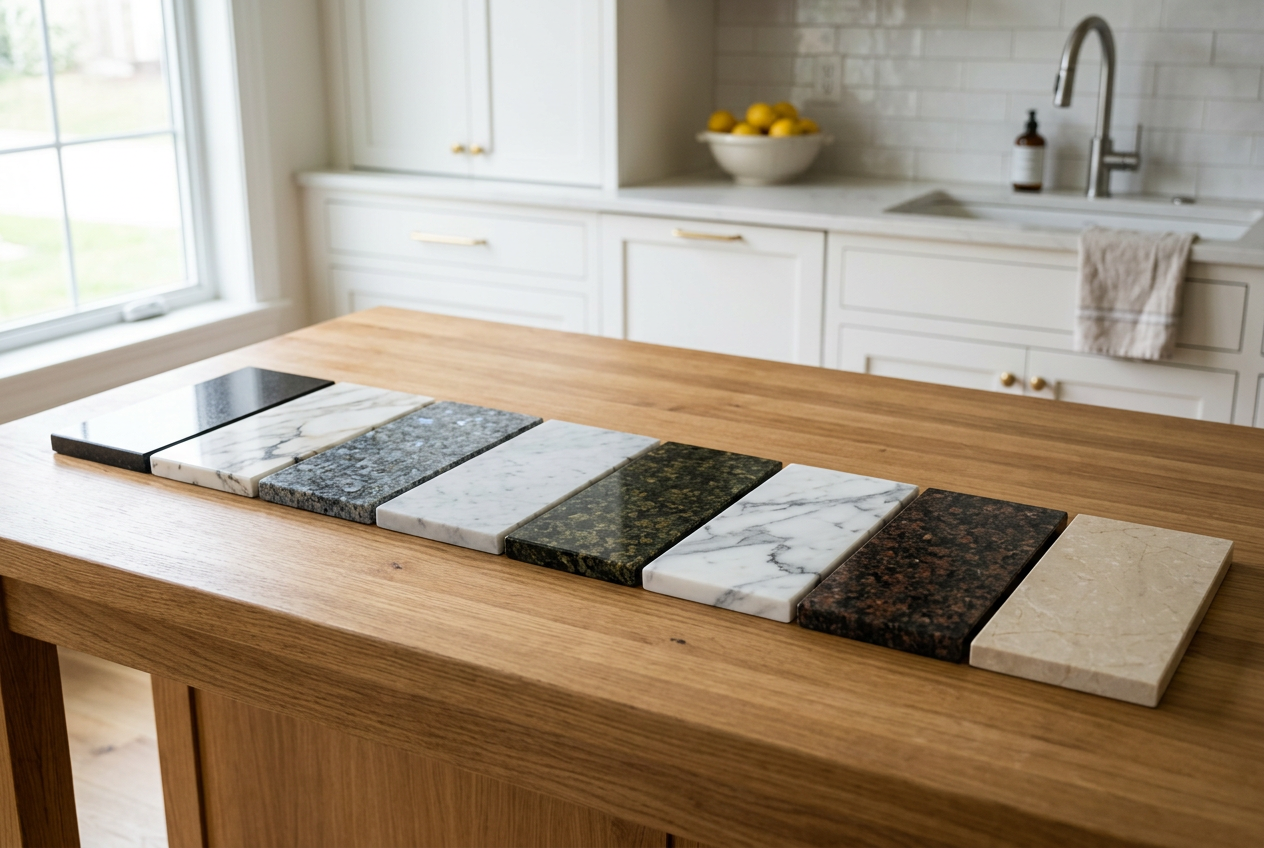 Granite and marble countertop samples compared side by side