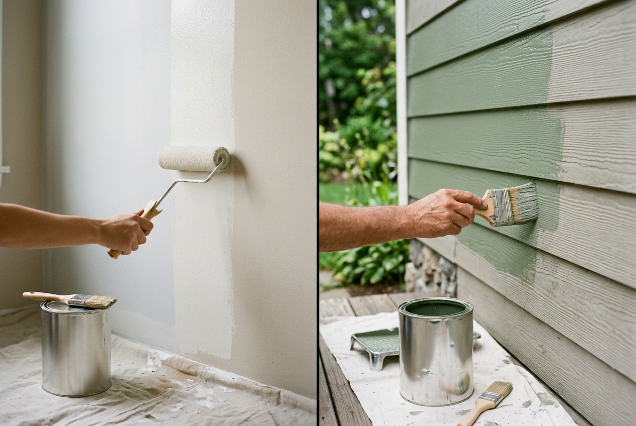 Interior wall being rolled with paint next to exterior siding being brushed
